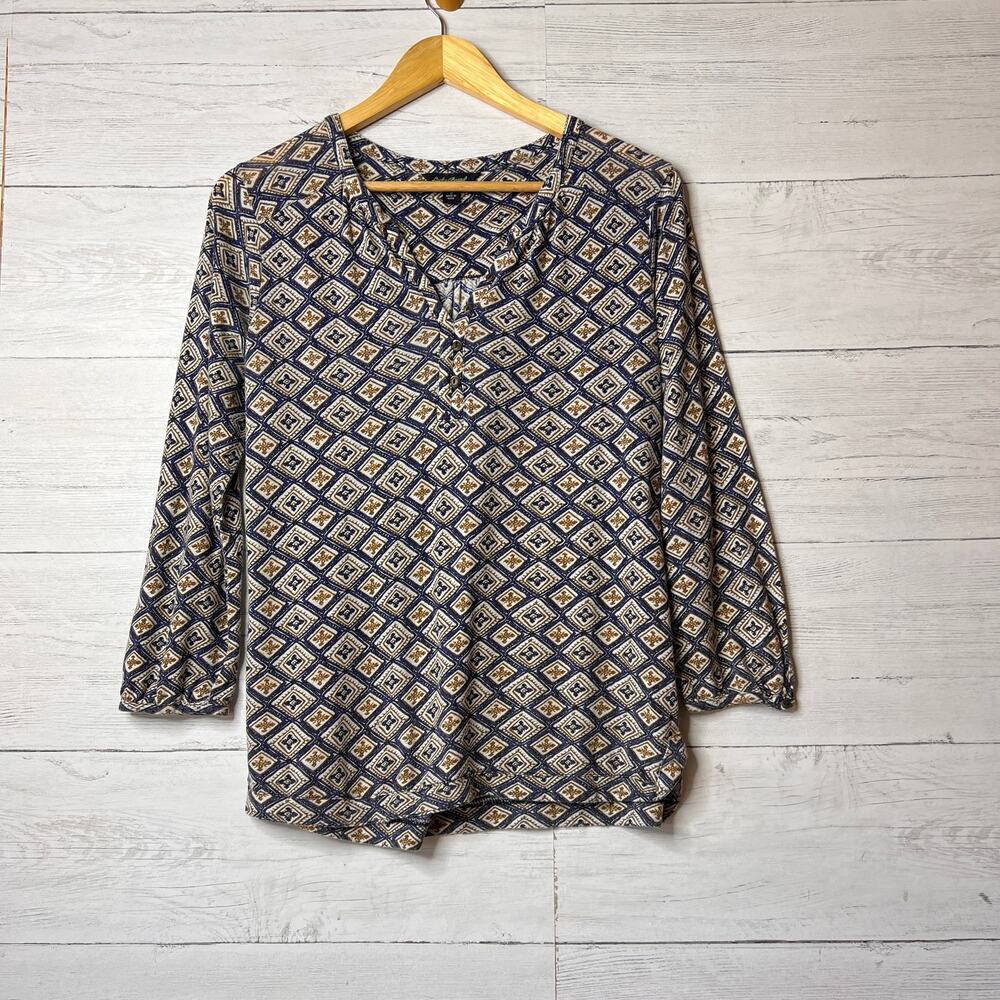 Lucky Brand Top Womens Size Small Tan & Blue Diamond Print Woodblack Henley